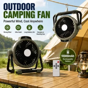 Hanging Camping Fan with Built-in LED Light 10000mAh Large Battery Long Endurance Rechargeable Handheld Brushless Motor Cooling