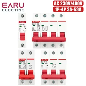EARU DZ47 1P 2P 3P 4P 3A-63A AC 230V 400V C Mini Circuit Breaker MCB Short Overload Protector Din Rail Mount Breaking Capacity